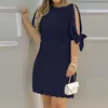 Casual Dresses Round Neck Dress Soft Breathable Women's Knee Length Midi With Hollow Out Three Quarter Sleeves For Lady