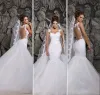 Abiti designer White Lace and Court Train Illusione Abiti da sposa sirena trasparente con abiti da sposa rimovibili tulle