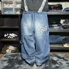 Jeans femininos Trendy Retro Blue Cartoon Bordado Straight Pants Straight Punk Y2K Design Casual Avançado Versátil Versátil