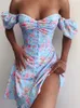 Bezpoślizgowa kobiety letnia sukienka seksowna V Neck Floral Print Boho Beach sukienka podzielona z ramienia Mini Sundress Robe S ~ 3xl 240325