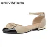 Sandalen Annovishana 2024 geschlossener Toe Runde gemischte Farbe Frauen Blume 3,5 cm Niedrig Absatz -Knöchelgurt Großgröße 43 Kleid beige schwarz