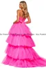 Party Dresses Sexig Fuchsia Tulle Cascading Ruffles Evening Strapless Prom Gowns High Low Formal Dress Vestidos de Fiesta