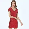 Womens Sexy Short Sleeve BodyCon Mini Party Club Dress V Neck Back Stretchy Tight Nightout Sequin Dance Costumes 240408