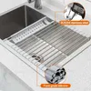 Foldable Stainless Steel Dish Drainer Roll Up Dish Drying Rack Shelf Kitchen Sink Holder Organizer Bowl Tableware Plate Storage 240407