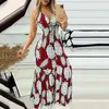 Casual Dresses V-Neck Dress Printed Floral Print Halter Neck Maxi For Women Vacation Beachwear With Elastic High Midj Rygglös