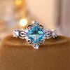 Trouwringen Delicate geometrische vierkante banden Silver kleur Antiek Lake Blue Zirkon Stone Betrokkenheid voor vrouwencadeau