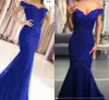 Azul royal Sexy Off Ombro Mermaid Vestidos de noite Apliques de renda elegantes Vestidos de festas de festas de miçangas para mulheres PLUS TAMANHAS LONGO LONGO ESPECIAL VESTIDO DE PROM CL3467