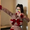 Work Dresses Temperament Bow Coat Wrap Hip Skirt Two Piece Set Women Fashion Splice Polo Neck Contrast Celebrity Plaid Christmas Winter Suit