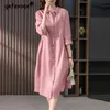 Primavera verão verão coreano algodão linho vestido de camisa de manga meia lúpulo casual femme botões vestidos roupas femininas 240408