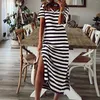 Casual Dresses Summer Stripe Maxi Dress For Womens Short Sleeve V Neck Loose Long Split Holiday Beach kvinnliga kläder