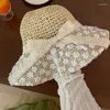 Wide Brim Hats Korean Ins Summer Outdoor Sunscreen Flower Lace Straw Hat Female Woven Seaside Vacation Po Shading Big Eaves Sun Cap