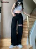 Jeans pour femmes Aotvotee Ripped Hollow Out Women Automne Hiver 2024 Streetwear lâches Straight High Waited Black Wide Leg Pantal