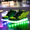 Tênis tênis colorido malha infantil sapatos luminosos tênis tênis led sapatos de skate de skate com asas USB Charging Casual Sports Shoes