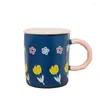 Mugs Creative Hand-painted Flower Ceramic Mug With Cover For Home Office Coffee Cup Girls Summer Ins Feng Shui