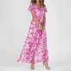 Abiti casual Donne in chiffon abito lungo manica corta stampa floreale estate a v-scorsetto da prese per le vacanze veste femmine