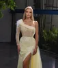 Elegant Evening Dresses One Shoulder Mermaid Prom Gowns Sequins Feather Long Sleeves Side Split Custom Made Illusion Party Dresses
