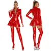 Casual Dresses Plus Size Women Sexy Shiny Leather Dress With Stockings Long Sleeve Zipper Glossy Pvc Latex Mini Skirt Red Black