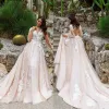 Crystaldesing Vintage Wedding Dresses Lace Applique Wedding Gowns Sheer Neck Court Train Plus Size A Line Bridal Gowns