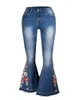 Jeans femininos Flor bordada magra para mulheres calças de perna larga jeans retro