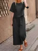 Womens Cotton Linen Suits Tracksuit Casual Long Pants Set Short Sleeve Shirt Cropped 2 Piece S Loose Trouser 240408