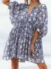 Casual Dresses Dress Retro Loose Fit Printed Mini Elegant Frock Spring Summer Middle Sleeve 1-pcs Floral Female Clothing Bohemian