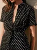 Party Dresses White Polka Dot Print Women Black Mid-Calf Dress with Pocket Sashes Turn-Down Collar Lady Single Breasted Short Sleeve Robe