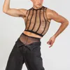 Trendy Hollow Out transparante sexy tanktops Mens Night Club Party Stretch Mesh Vest Tops Y2K Men Mouwloze Crop Tops 240407