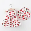 Baby Dress Summer Girls Sweet Bow Childrens Strawberry Print Small Fresh Casual DressHat Wear 240329