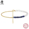 Orsa Jewels Silver 925 Lapis Lazuli Natural Pearls Chain Anklets for Women Fashion Summer 14K Gold Ankle Straps Jewelry SA56 240408