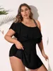 Menas de banho feminina Vigojany 2024 Black Tankini Mulheres Plus Tamanho Tamanho Dois peças Swimsuit Ladies Big One ombro Banho de banho