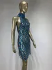 Stage Wear Sexy Blue Sequin Perspective See Through Banquet Party Dress