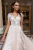 Crystaldesing Vintage Wedding Dresses Lace Applique Wedding Gowns Sheer Neck Court Train Plus Size A Line Bridal Gowns