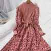 Vestidos casuales Vestidos de tejido de punto Bow Floral A-Line Vintage Women Autumn Winter Sweet Robe Femme