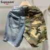 Supzoom ankomst ulzzang sommarmönster längd blixtlås stoashed kamouflage lapptäcke jeans shorts män 240407