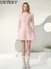 Casual Dresses Lapel midja tätt långärmad rosa klänning Elegant socialit temperament pärlstav blomma höst vinter högt botten