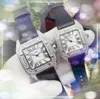 Quadrado tanque romano Dial Men assistem Luxo Presidente Lady Lady Azul Black Cow Couro Relógio Dois pinos Japão Japão Quartz Diamonds Ring Bracelet Watches Gifts Gifts