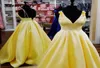 Elegant Yellow Satin Long Prom Dress V Neck Sleeveless Floral A Line Evening Gowns Formal Party sukienki wizytowe abiti7899243