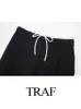 Traf Womens Casual Loose Wide Leg Byxor Basic Pants Female Splice Design DrawString Midja rakt 240403