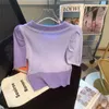 Camisetas femininas Mulheres vintage Purple Colorblock curto Manga curta T-shirt Polo T-shirt Summer Sweet Cherry Bordery