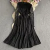Sukienki swobodne Bugilaku koronkowy hak kwiatowy patchwork sukienki kobiety solidny kolor długi rękaw elegancka łagodna samica szafka w talii femme