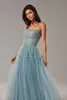 Hot Blush Pink/Blue Long Prom Formal Dress Spaghetti Straps Tiered Kjol Pleated Tulle A-Line Evening Party Gown Robe de Soiree