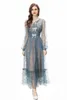 캐주얼 드레스 S-XXXL 2024 가을 여성 의류 퍼프 슬리브 자수 투명 메쉬 드레스 귀여운 활 패션 주름 날개 길이