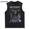 Vintage Sleeveless T-Shirt Vest Y2K Hip Hop Retro Racing Car Skull Graphic Print Punk Gothic Tank Tops Harajuku Washed Tshirt 240407
