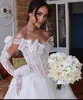 Boho trouwjurk voor bruid uit schouder fulllace trouwjurken illusie bodice robe de mariage lacefull boog bruidsjurken