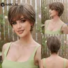 HAIRCUBE Short Pixie Cut Straight Brown Highlight Synthetic Hair for Women Men with Bangs Daily Cosplay Heat Resistant 240327