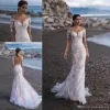 Dresses Elegant Long Sleeves Lace Mermaid Wedding Dresses Sheer Tulle Applique Sweep Train Beach Wedding Dress Bridal Gowns With Buttons