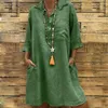 Robes décontractées Collier de robe 3/4 Boho Boho's Butt-Down Button Pocket Solide Pocket for Work Office Women