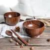 Bowls 1Pcs Japanese Wooden Bowl Natural Thicken Jujube Wood Set Spoon Chopsticks And Box Fruit Salad Noodle Rice Soup