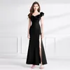 Casual Dresses Elegant Women Sexy Slash Neck Red Split Evening Long Dress 2024 Spring Ruffles Sleeveless Hollow Out Waist Bodycon Party Robe