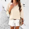 Kvinnors 2024 Summer Spring Casual 3/4 Sleeve Solid Color V Neck Loose Pullover Knit Fall Sweaters Tops